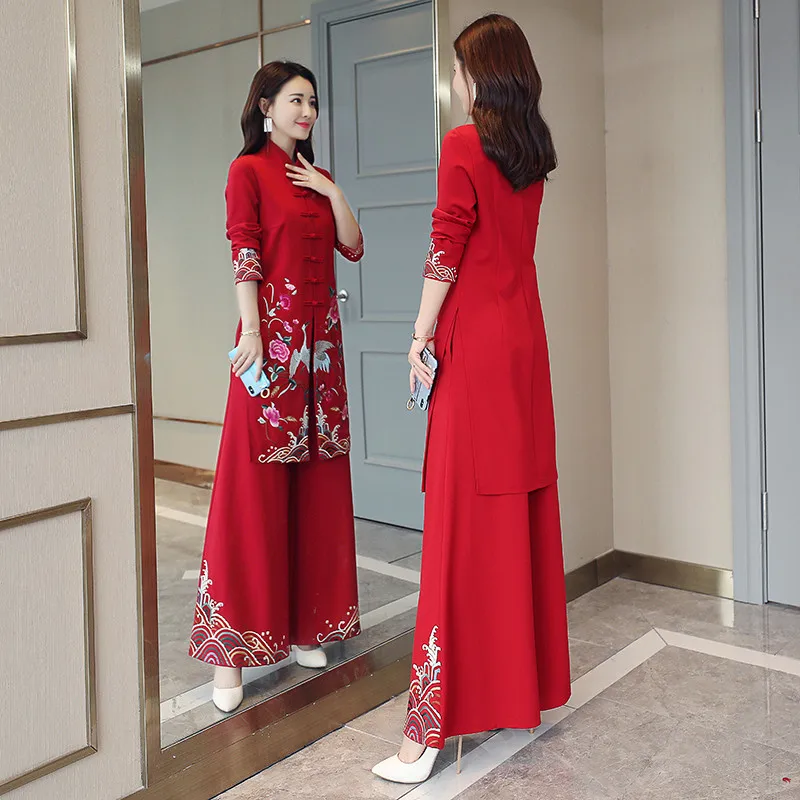 Chinese Styles Vintage Women Hanfu Midi Qipao Two Pieces China Traditional Clothing Pants Set Tang Suit Robe Orientale Clothes