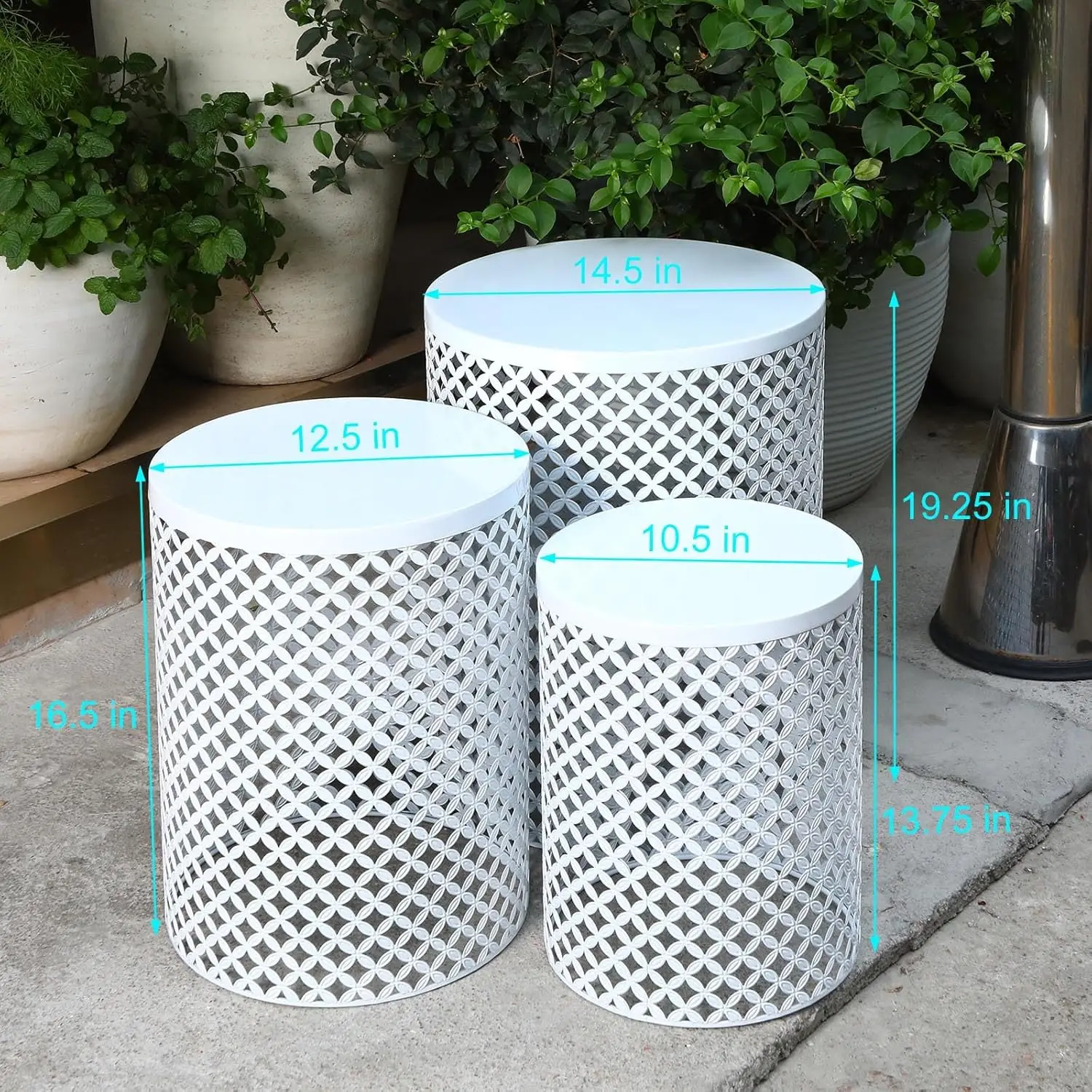 Side Table Set of 3 Heavy Duty Patio Nesting Table Round Metal Modern End Table Decorative Garden Stools Plant Stand for Indoor