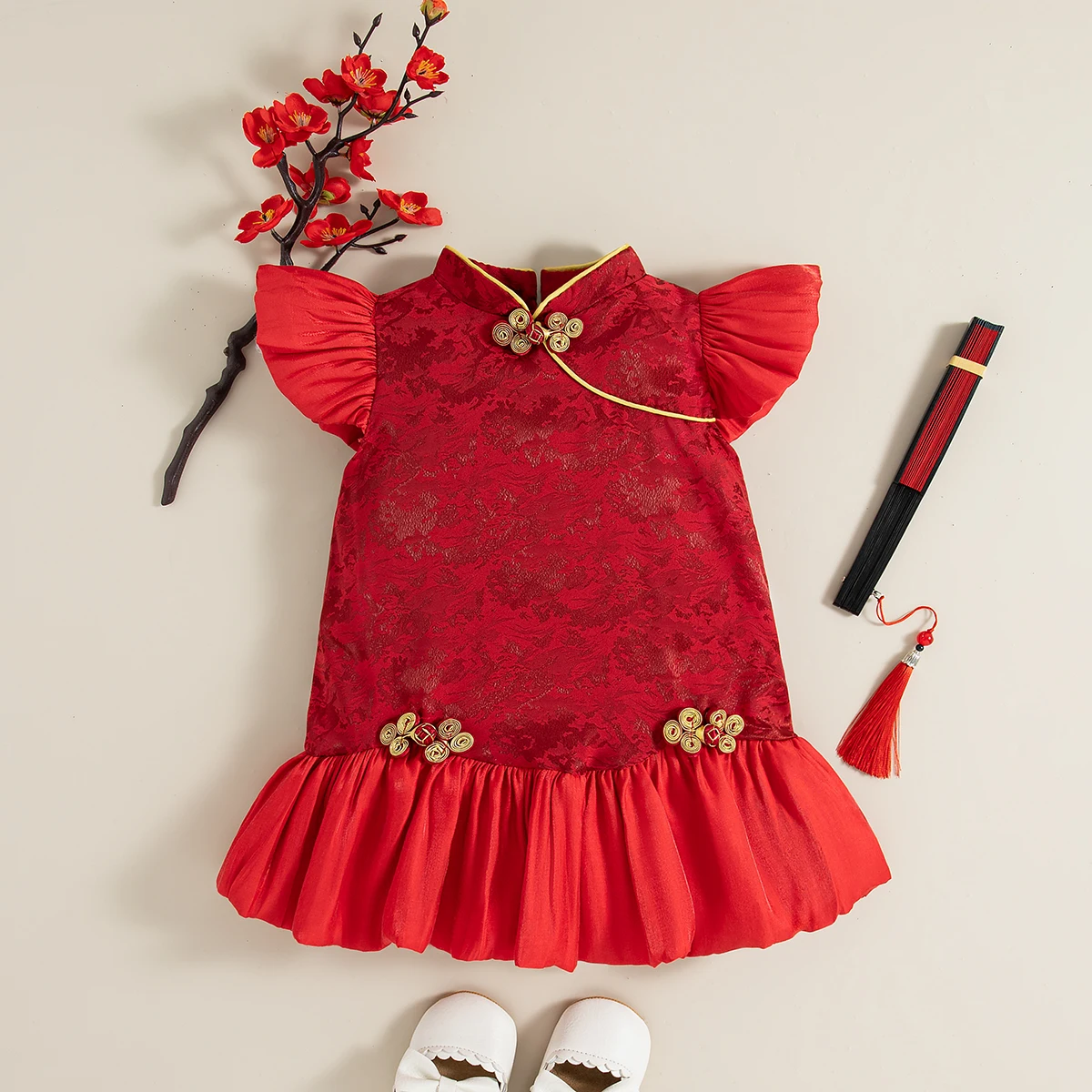Vestido rojo Qipao para niña, vestido de bebé de estilo chino Jacquard con flores, colgante de nudo chino