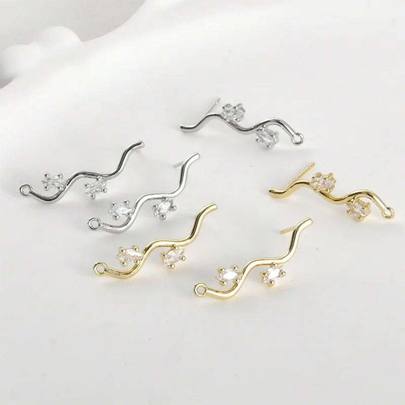 14k Electroplated Real Gold Color Retention Wavy S-shaped Zircon Leaf Stud Earrings DIY Handmade Earrings Accessories Material