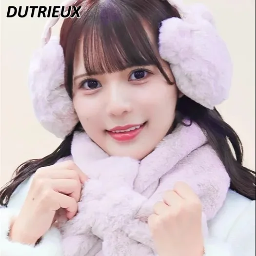 Japanese Sweet and Cute Girl Furry Earmuffs kawaii solid color Versatile Bow Scarf Winter New Warm Accessories Gloves