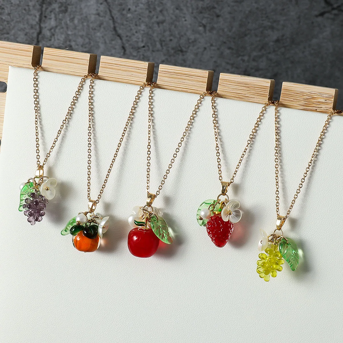 Sweet Fruit Peach Orange Cherry Strawberry Grape Apple Pendant Necklace Floral Fruit Food Jewelry Dainty Gifts For Her