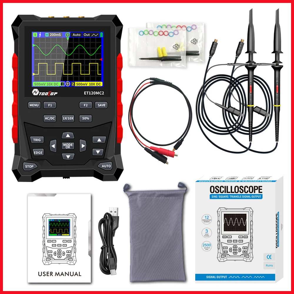 TOOLTOP ET120MC2 Dual-Channel Mini Digital Oscilloscope 120MHz Bandwidth 500MSa/S Signal Generator 2 in 1 Electronic Repair Tool