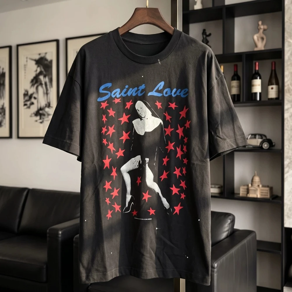 Yao Fashion Streetwear Goddess of Stars Print Harajuku Tee Outdoor Cotton Old Wasded Tops New Vintage Saint T-shirt For Men