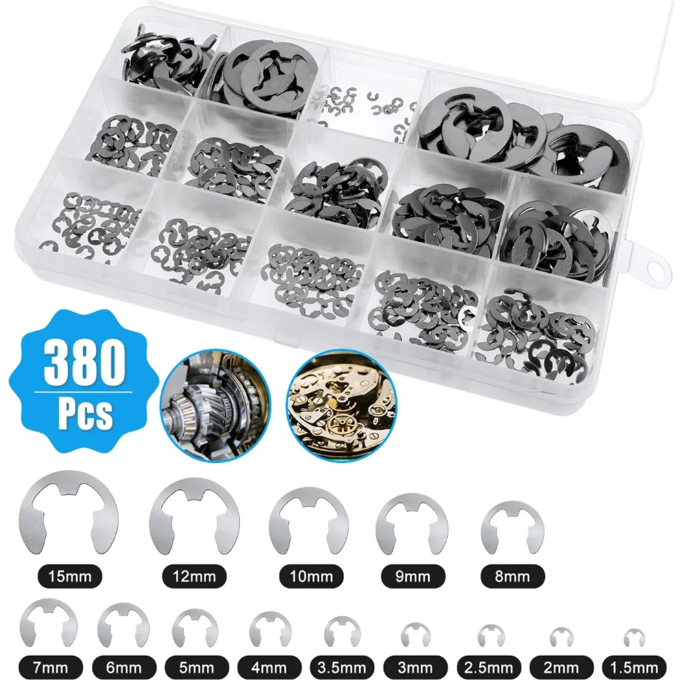 

380 шт., комплект стопорных колец из нержавеющей стали E-Clip, набор стопорных колец, набор стопорных колец 1,5–15 мм, внешние стопорные кольца, стопорные зажимы