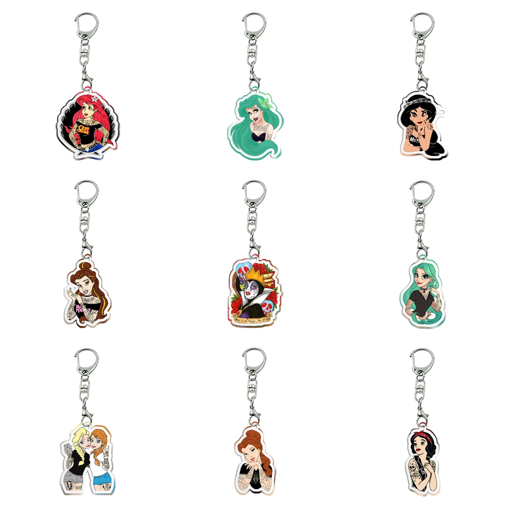 Porte-clés en acrylique transparent Disney Princess pour filles, design cool et drôle, accessoires d'Halloween, pendentif, ornement, cadeau pour fille