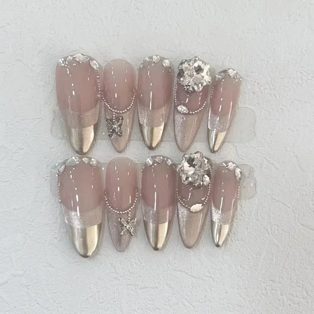 10 pçs artesanal imprensa em unhas capa completa borboletas strass design rosa amêndoa unhas falsas wearable manicure dicas de unhas arte