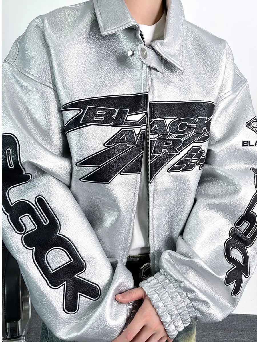 

Vintage Motorcycle Leather Jacket for Men Embroidered American Heavyweight Oversized Biker Coat Urban Streetwear Retro Outerwear