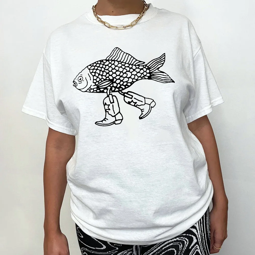 Walking Fish Printing Graphic Funny Tees Women Short Sleeve Loose Cotton Casual T Shirts White Summer Fashion Aesthetic Shirts