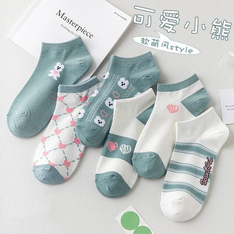 6 Pairs of High Quality Spring/Summer Short Women\'s Socks Cute Animal Striped Cotton and Ankle Breathable Kawaii Girls Socks