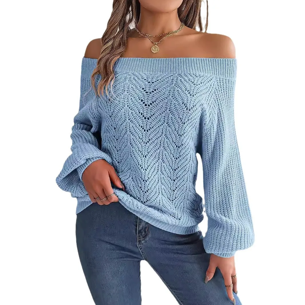 

2025 Women's Clothing Sweaters Autumn Winter Casual Solid Color Openwork One-Shoulder Off-the-Shoulder Lantern Sleeve Sweater