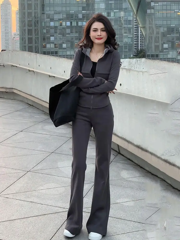 Combinaison de sport populaire, sweat-shirt à capuche avec fermeture éclair fine + pantalon micro évasé, ensemble deux pièces, nouvelle collection printemps et été