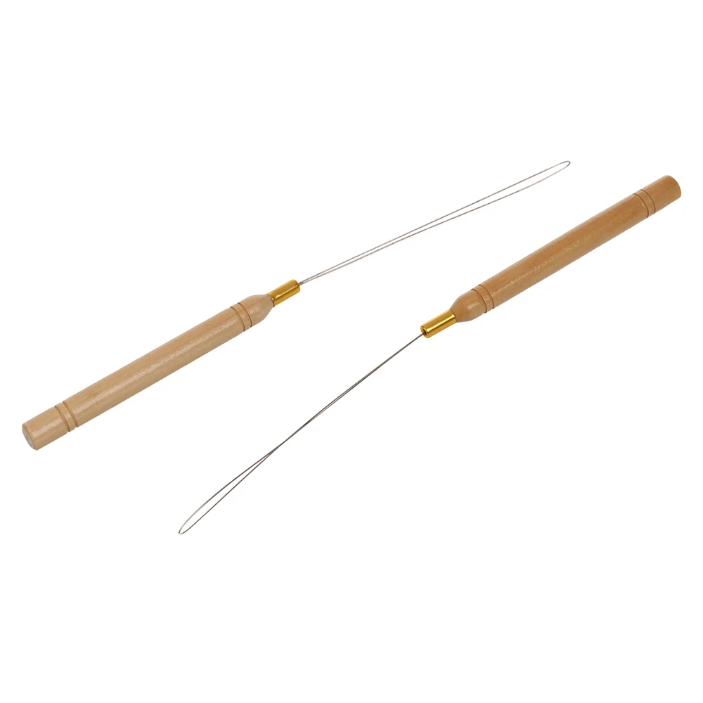 Wooden Handle Hair Extension Tool - Loop Needle with Wire Pulling Hook for Silicone Microlink Extensions Feather Texture Drawing