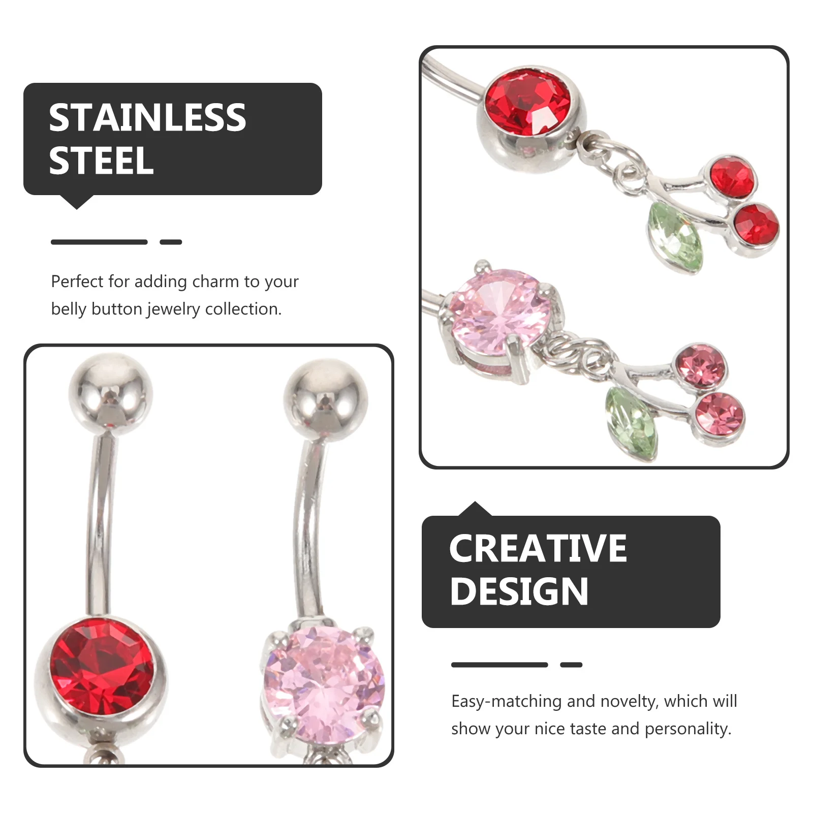 

2Pcs Bright Cherry Belly Button Rings Stainless Steel Body Jewelry Navel Piercing for Women Summer Holiday Accessories