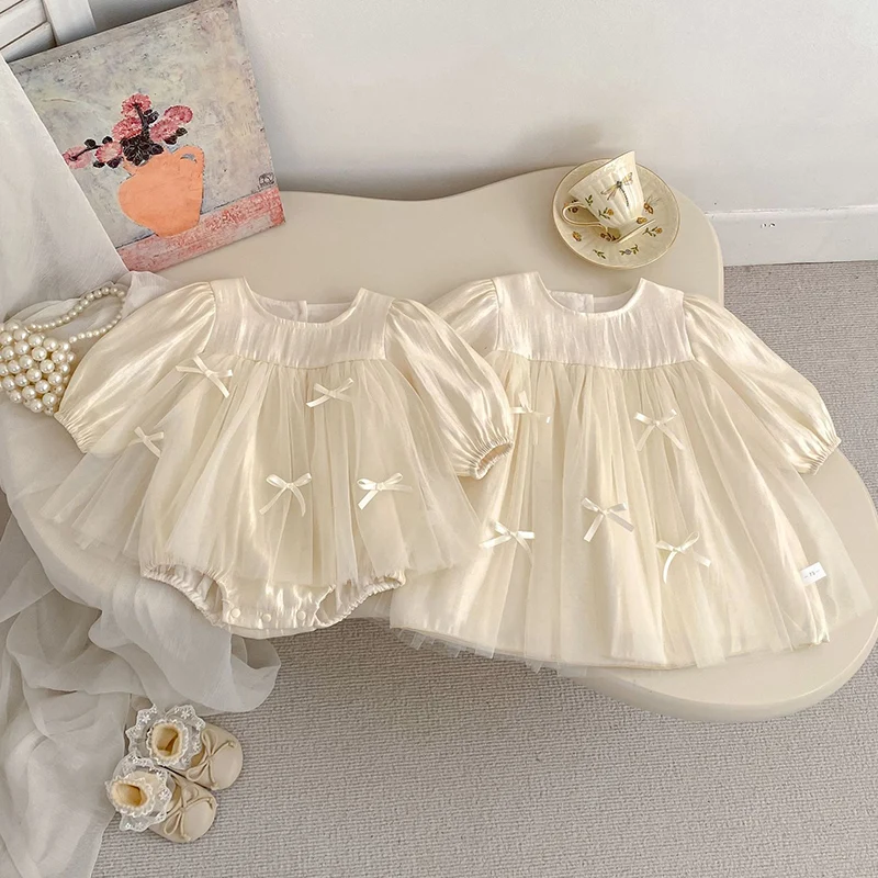 2026 New Spring Sister Dress 1-5Yrs Girl Birthday Party Dress Long Sleeved Cotton Splicing Baby Romper Kids Princess Dresses