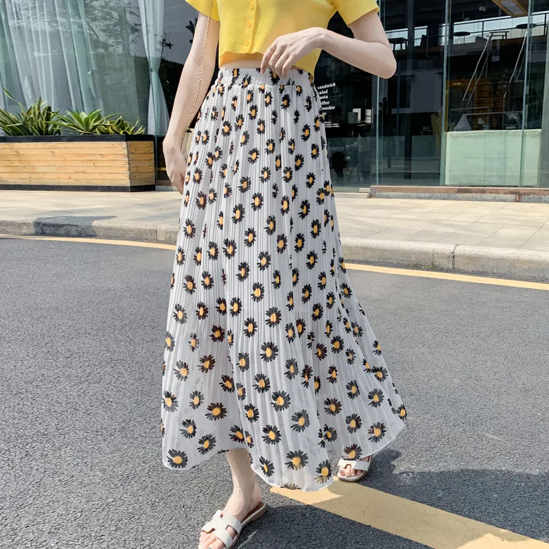 

Spring Summer New Female Pleated Chiffon High Waist Skirts Loose Comfortable Little Daisy A-line Skirt Women Harajuku Krean