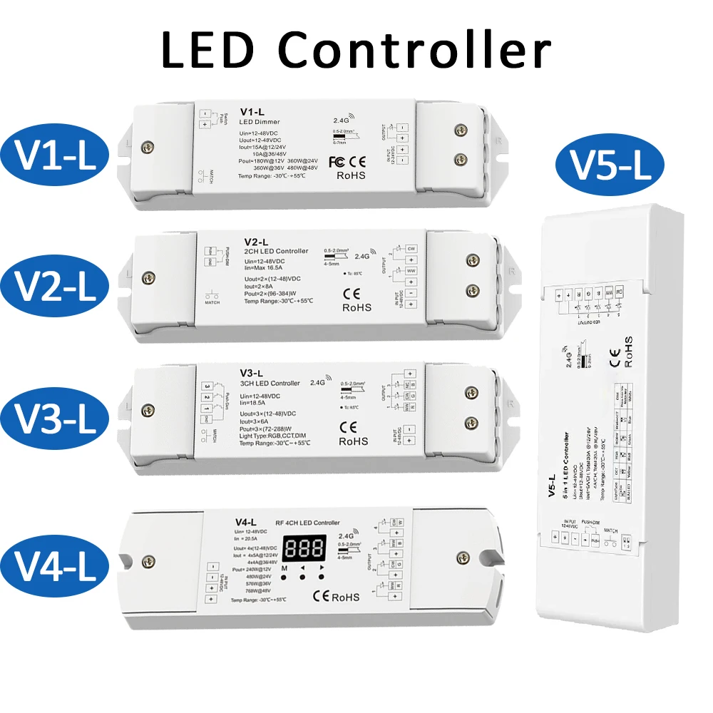 

LED Controller PWM V1-L DIM V2-L CCT Dual Color V3-L RGB V4-L RGBW V5-LRGBCCT for 12V 24V 36V 48V LED Strip Light Push Dimmer