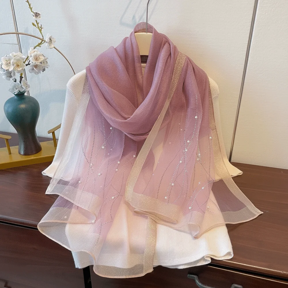 

Fashion Shimmer Pearls Striped Hijab Scarf Soft Long Lady Bandanas Plain Solid Breathable Sunscreen Shawl