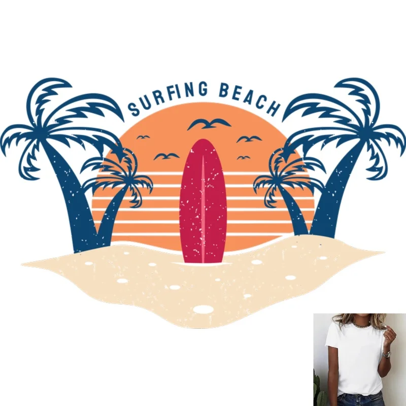 Vintage Beach Surfing Heat Transfer White Ink Iron - on Patch, Coconut Tree & Surfboard Sunset Design, Fit for T - Shirts &