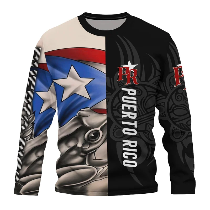 Puerto Rico Flag Graphic T-Shirt For Men 3D Printed Puertorrican Long Sleeve T Shirt Sports Crew Neck Oversized Street Tees