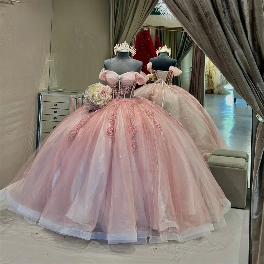 Glitter Puffy Quinceanera Dresses 2025 Ball Gown Off  Shoulder Tulle Sparking Top Appliques Mexican Sweet 16 15 Anos  Customized