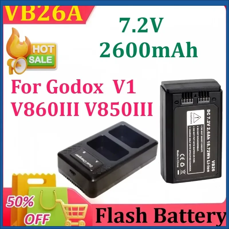 New VB26A 7.2V 2600mAh 18.72Wh Replacement Flash Battery for Godox V1 V860III V850III High Qualty Battery with Charger