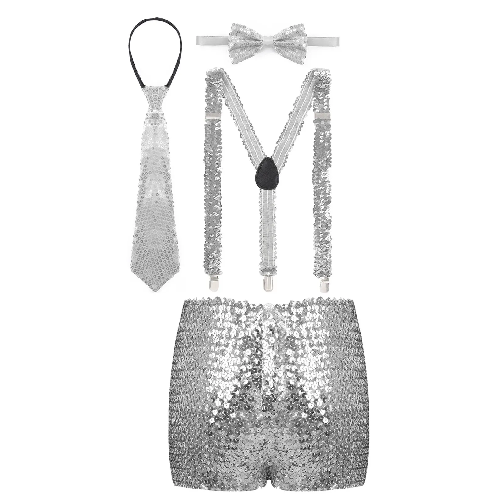 Kid Boys Girls Shiny Sequins Jazz Latin Disco Dance Outfit Shorts with Elastic Y Shape Adjustable Suspenders Necktie Bow Tie Set