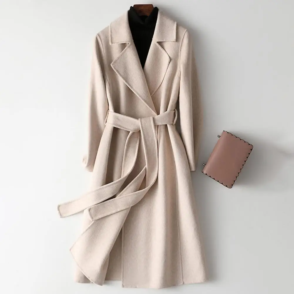 Women Wool Coat Womens Long Wool Peacoat with Belt Notched Lapel Overcoat Warm Fall Winter Trench Coat for Weather Polyester