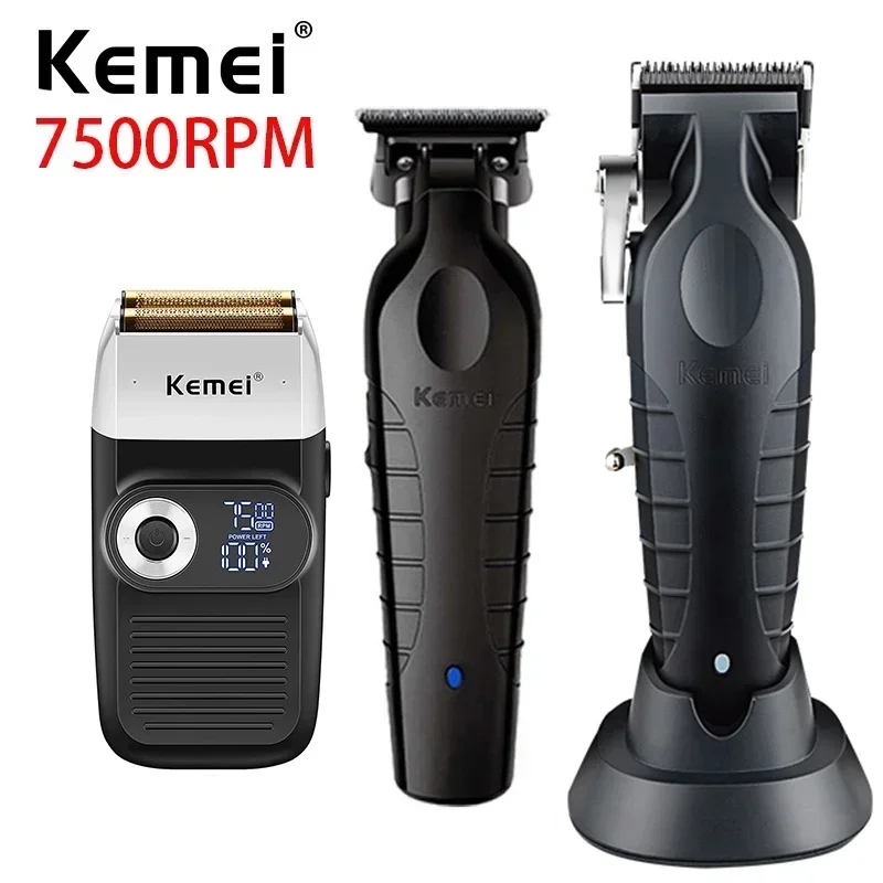 Kemei 전문 이발기 트리머 키트, 무선 페이딩 헤어 커팅 머신, 남성용 콤보 전기 면도기, 0mm