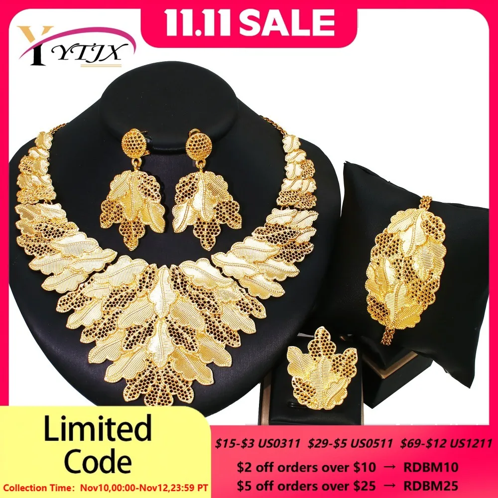 

YTJX Gold Color Wedding Jewelry Set Hollow Out Golden Plated Leafs Africal Big Flower Choker Necklace Bracelet Earring Ring 2025