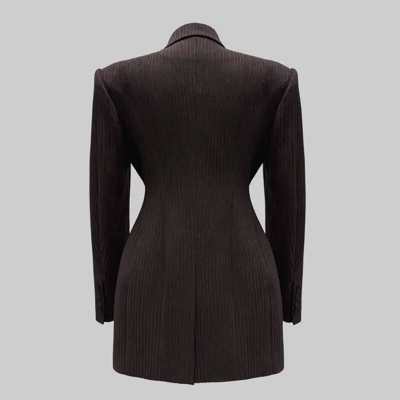 เสื้อเบลเซอร์ผู้หญิง VTKW 2025 รุ่นสปริง สีดำ ลายทาง กระดุมสองแถว ทรงเข้ารูป แขนยาว สไตล์ชิค เหมาะสำหรับทำงาน แฟชั่น