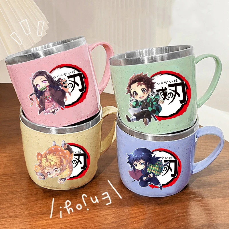 Taza de agua antiescaldado de doble capa Demon Slayer Kimetsu No Yaiba, taza de leche de acero inoxidable 304 de Anime, regalo de cristal de agua anticaída