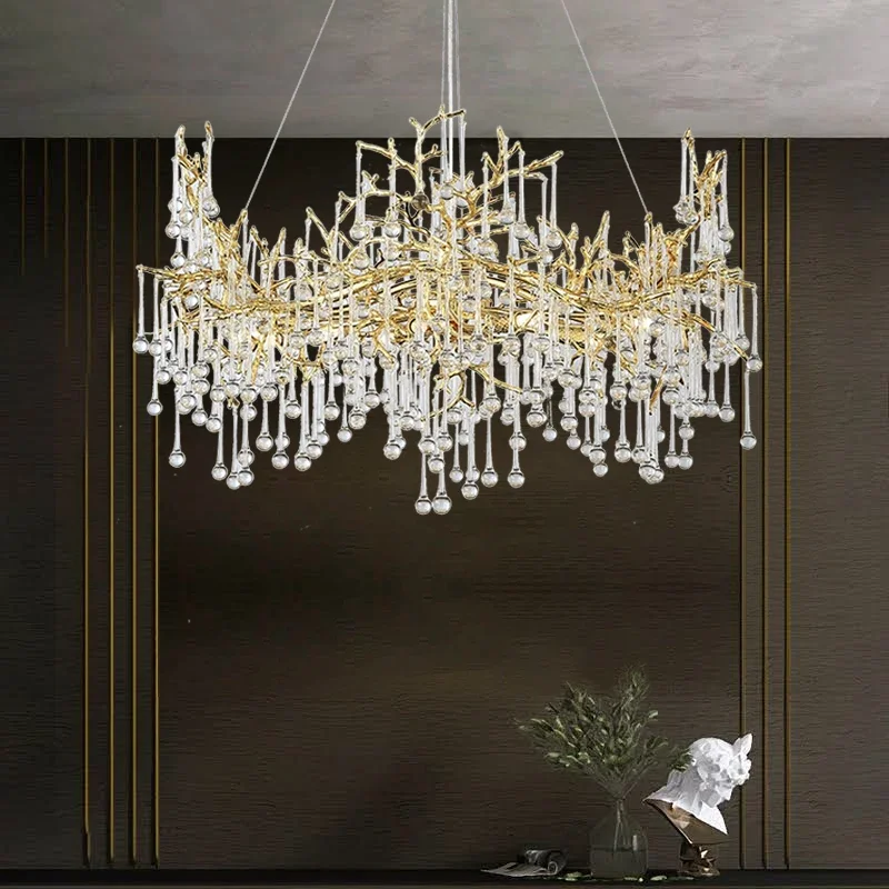 

Nordic designer's luxurious crystal chandelier gold branches small raindrops adjustable height personalized balcony lighting