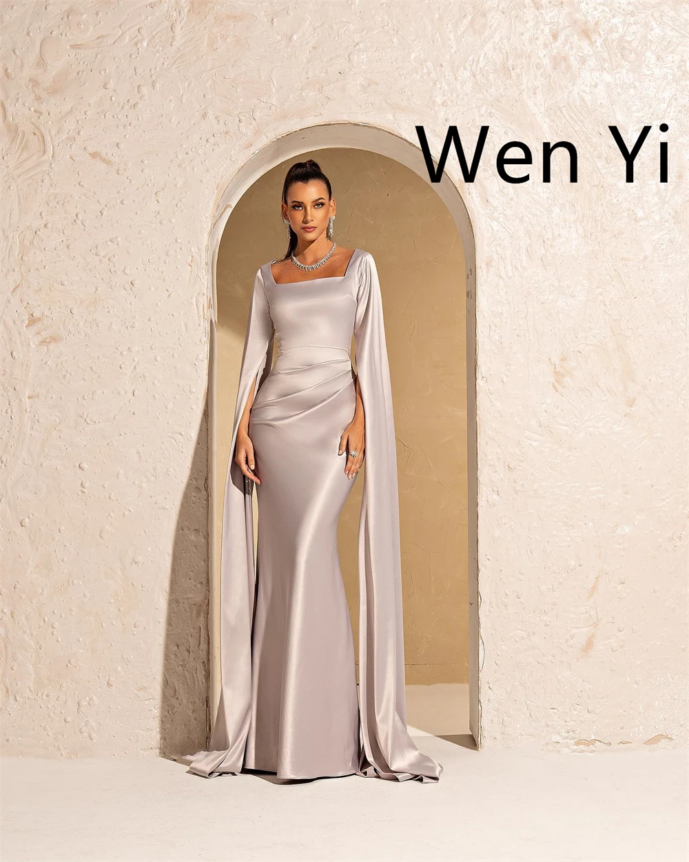 Maßgeschneiderte hochwertige Satin-Abendkleider, modisch, quadratischer Kragen, lange Ärmel, Promi-Kleider, moderne Kleider für besondere Anlässe