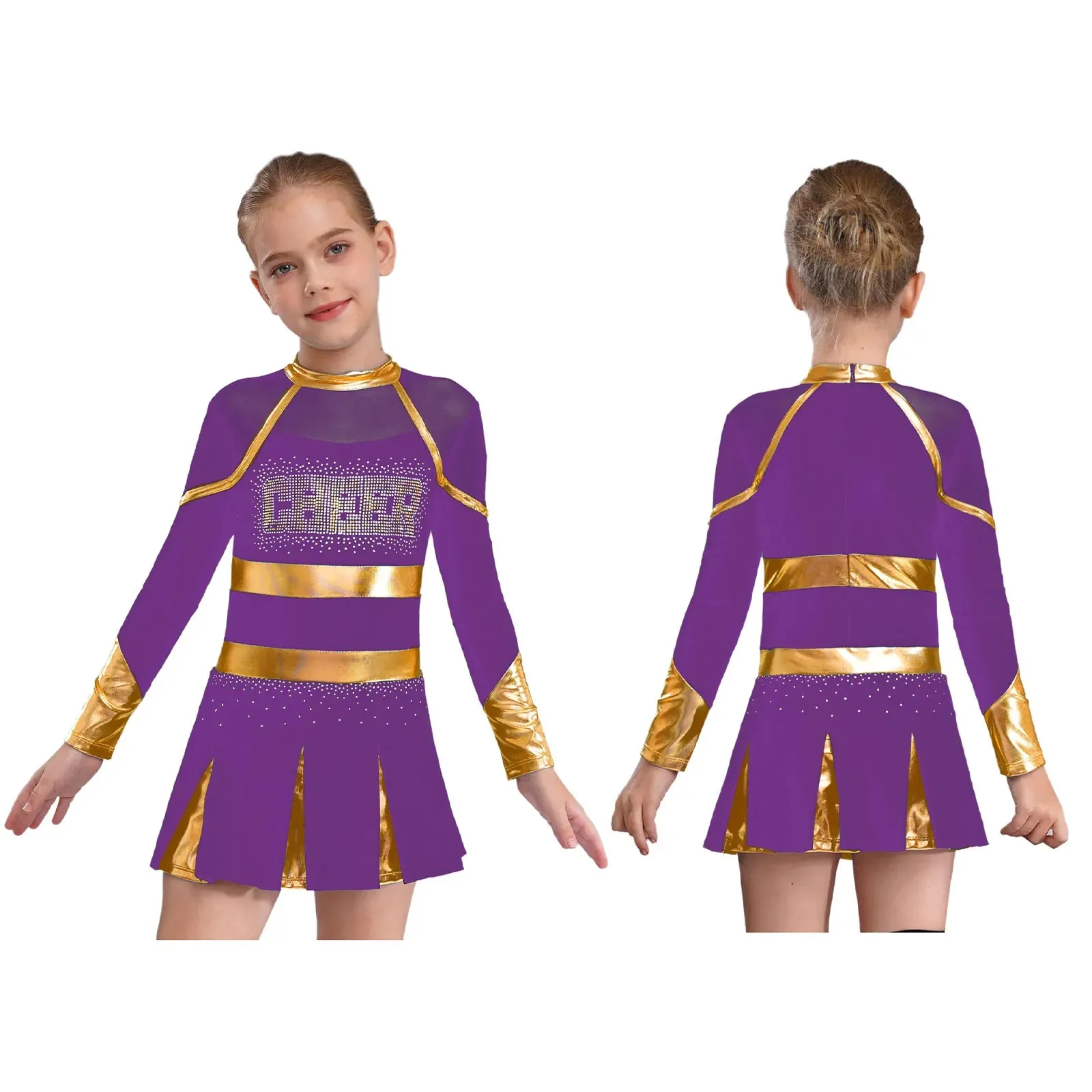 Kinder Mädchen Cheerleading Uniform Cheerleader Tanzkostüm Glitzernde Strasssteine Metallic Plissee Kleid mit 2 Stück Handblumen – Detail 6