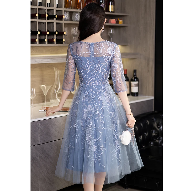 Blue Lace Mother Of The Bride Dresses Elegant V-Neck A-Line Tea-Length Tulle Women Wedding Party Gowns