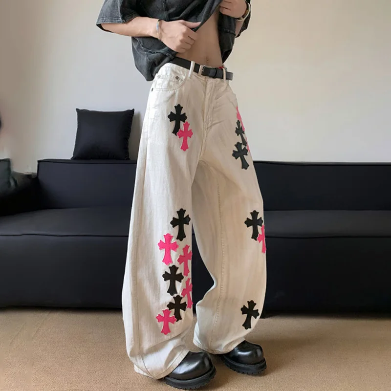 LUZHEN اللون التباين المرقعة فضفاض واسعة الساق جينز غير رسمي الرجال 2025 جديد أنيق الأصلي الشارع الشهير مستقيم الدينيم السراويل JY3187