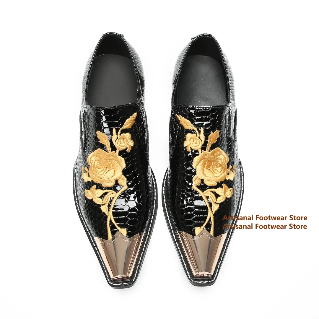 Gold Rose Embroidery Metal Pointed Toe Formal Shoes Men Wine Red Snake Print Dress Loafers Slip On Party Wedding Leather Shoes