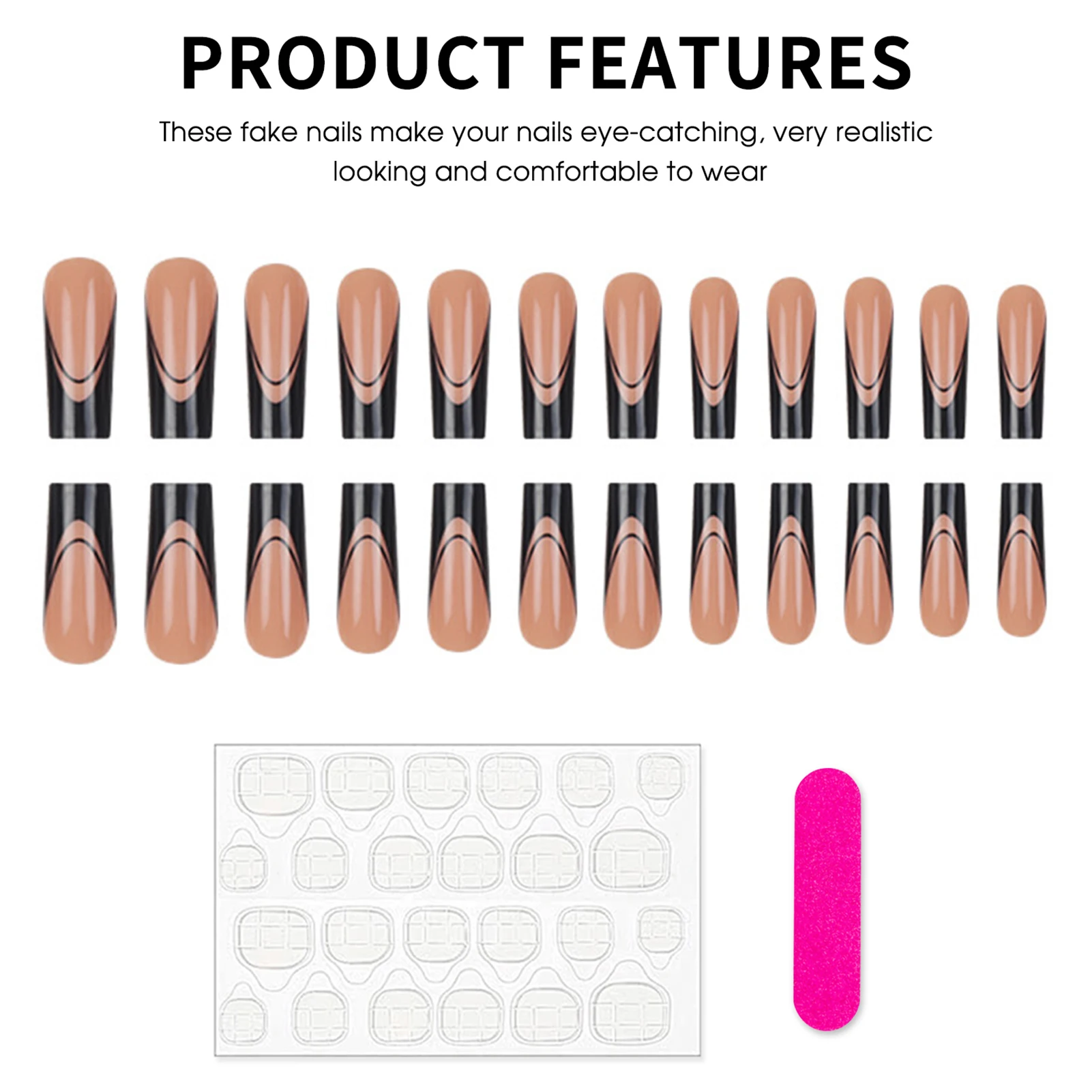 Faux ongles longs en forme de cercueil pour filles épicées, 24 pièces, noirs, français, à pression, couleur chair, portables, en acrylique, pour manucure à faire soi-même