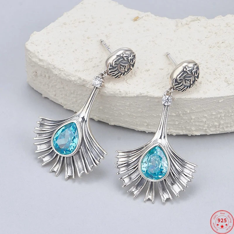 

Серьги-гвоздики из стерлингового серебра S925 для женщин, ретро-гвоздики с листьями гинкго, инкрустированные синим цирконом, модные ювелирные изделия, оптовая продажа