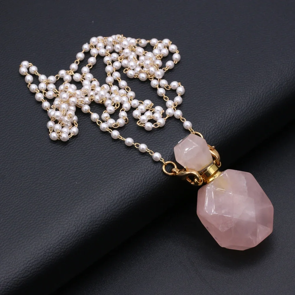 Natural Perfume Bottle Pendant Necklace Amethysts Rose Quartzs Essential Oil Diffuser Pendant Pearl Chain Necklace Women Jewerly