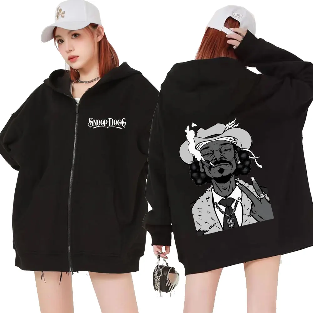 Rapper Snoop Dogg Graphic Zipper Hoodie Men's Hip Hop Retro Zip Up Jacket Hooded Unisex Oversized Cardigan Sweatshirt Streetwear