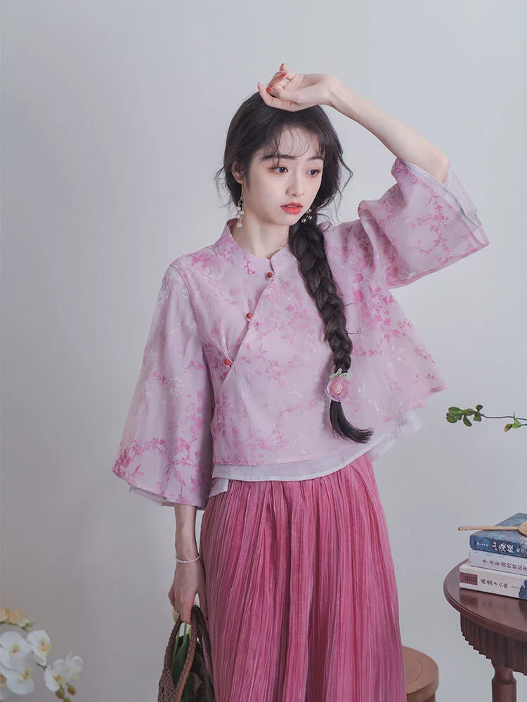 Chinese Traditional Clothing Pink Women\'s Clothing Suit Summer Slanted Collar Stand Up Top Wide Leg Pants Retro Two-piece Set