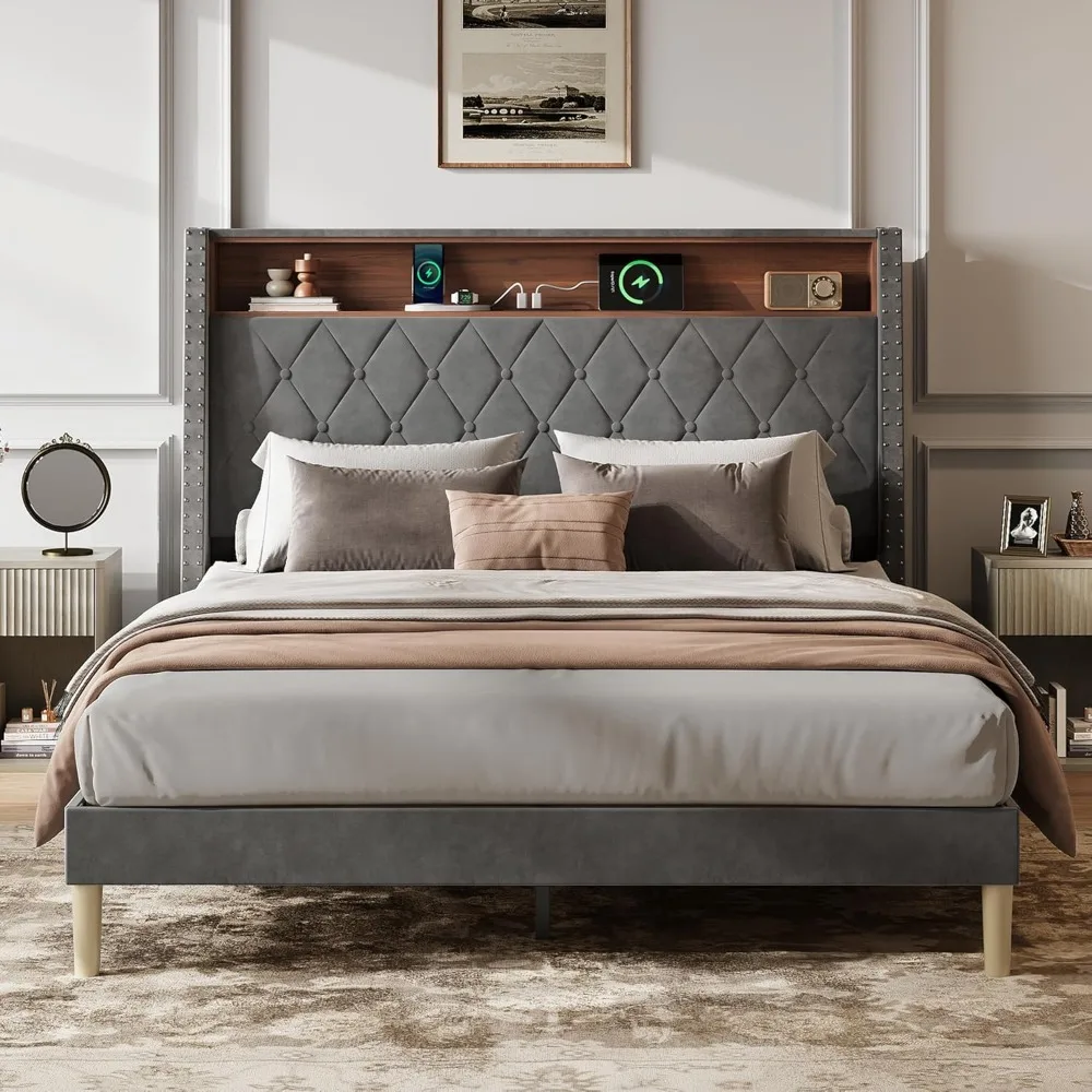 

Queen Size Upholstered Bed Frame with Storage Headboard, Velvet Square Tufted Platform Bed with Charging Station