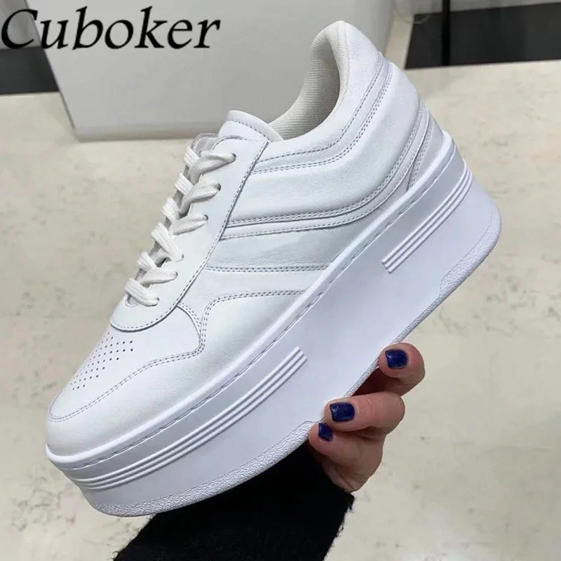 

2024 Spring Thick Sole Real Leather Sneakers Women Round Toe White Flat Platform Shoes Brand Walking Trainers Causal Shoes Femme