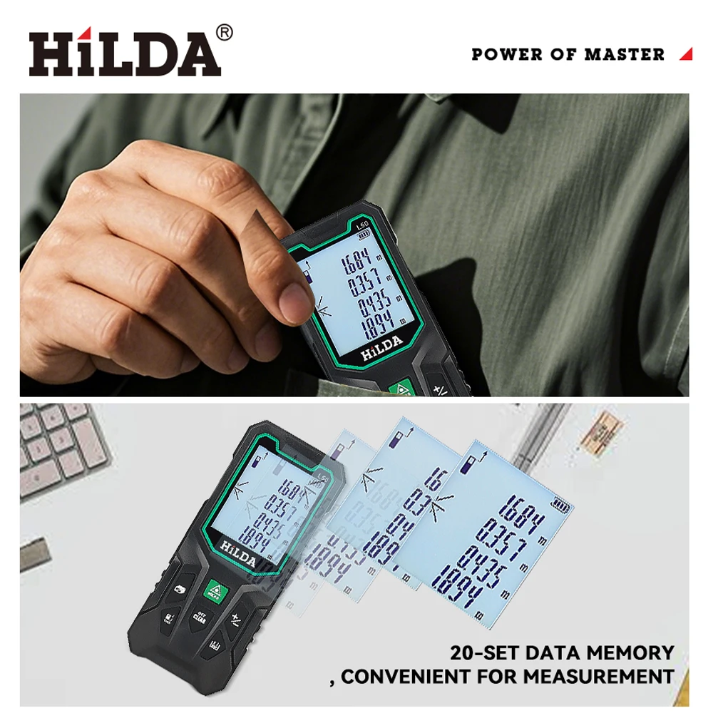 HILDA 50/100/120M Laser-Entfernungsmesser, rotes/grünes Licht, Laser-Entfernung, digitales Klebeband, wiederaufladbar und messbarer Winkel, Lasermaß – Detail 18