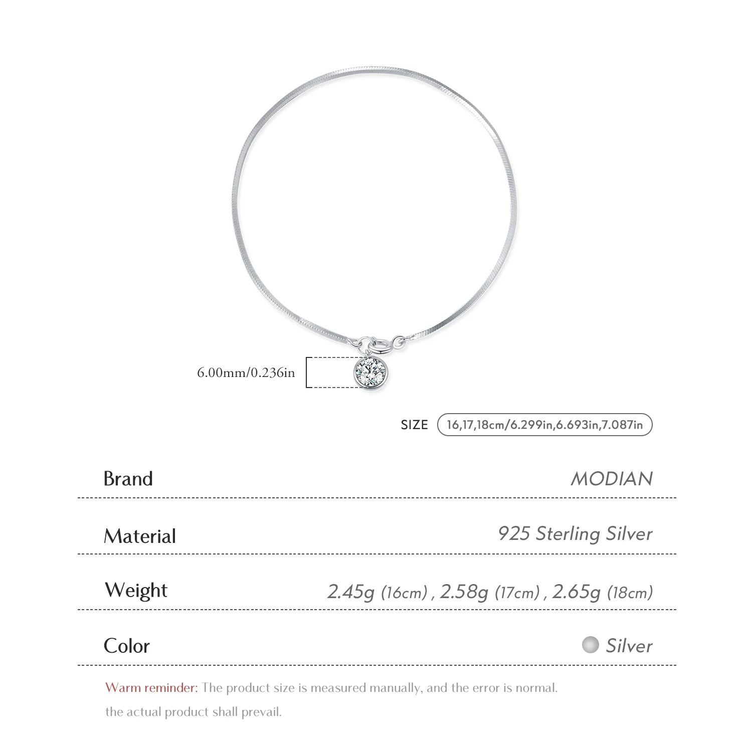 MODIAN 925 Sterling Silver Snake Chain Bracelet White Gold Sparkling Round CZ Charm Dainty Chain Bracelet for Women Jewelry