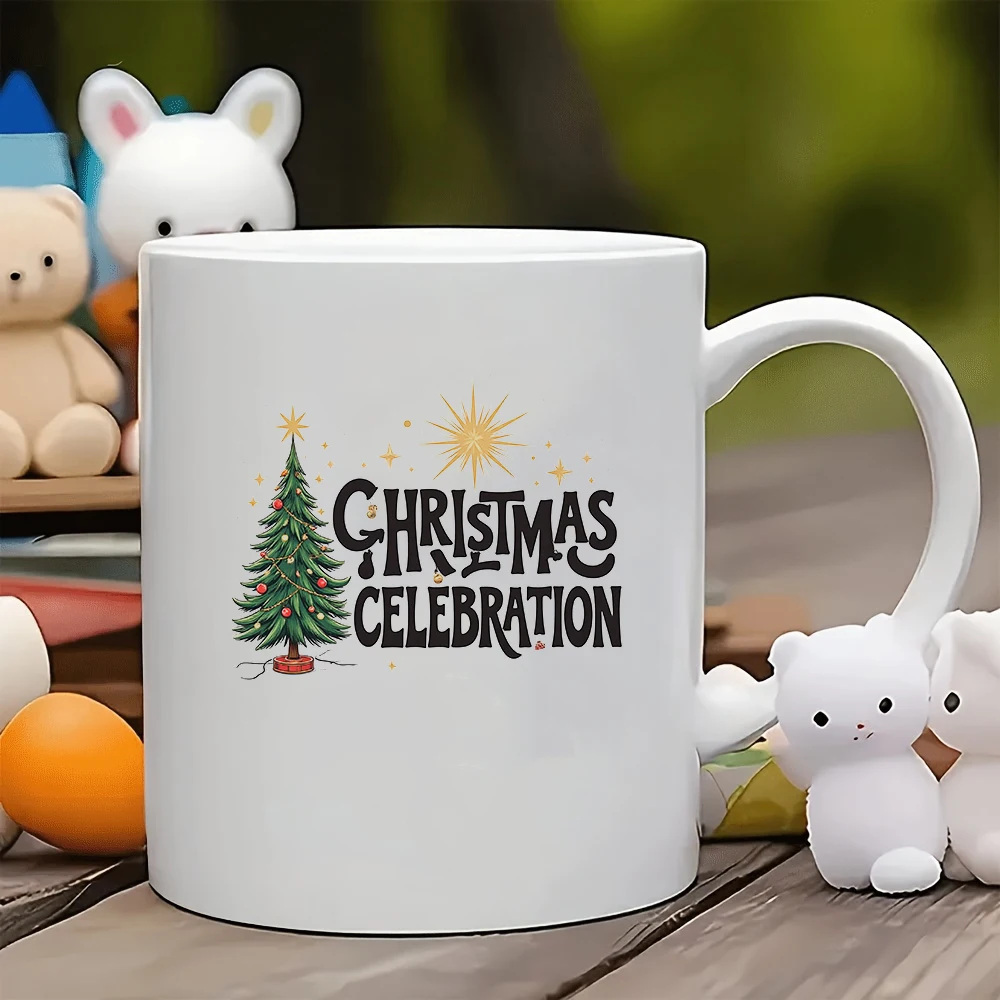 

11oz mug Creative Christmas Tree Sticker Handwritten CHRISTMAS CELEBRATION Kids Cup Family Office Coffee Mug Essential Ch