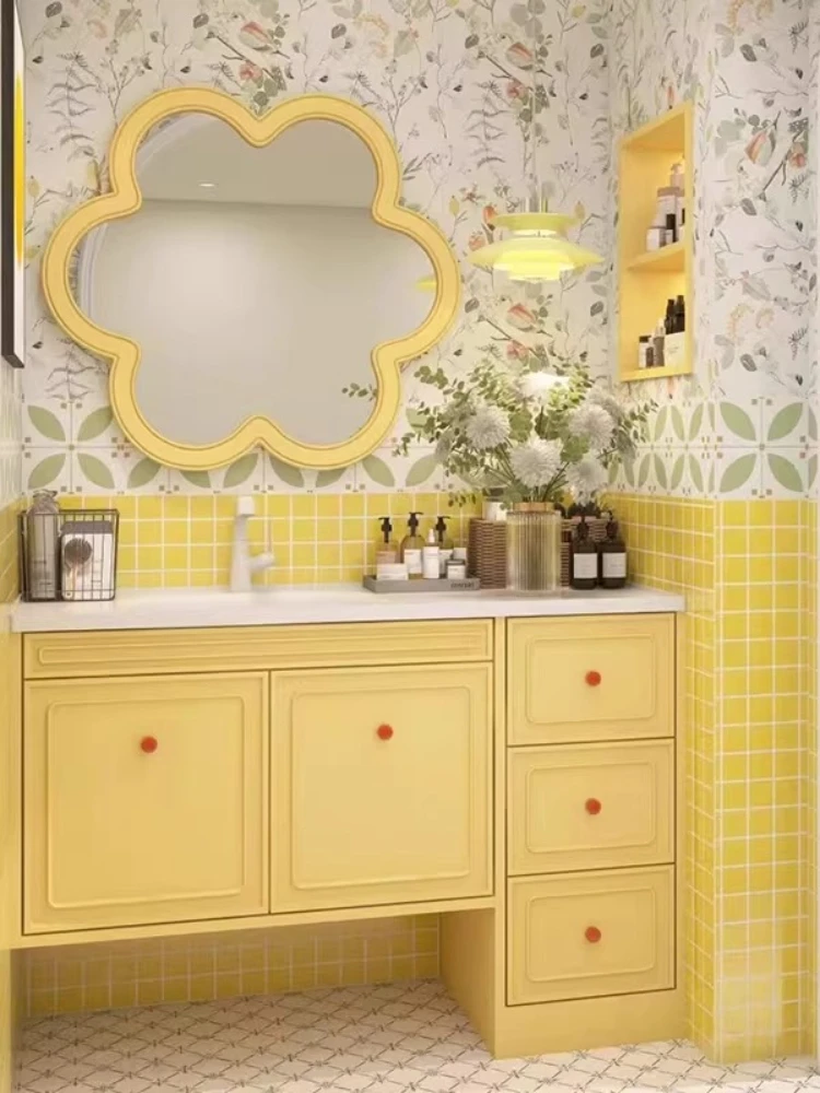 

Dopamine color bathroom cabinet combination bathroom flower mirror washstand side cabinet