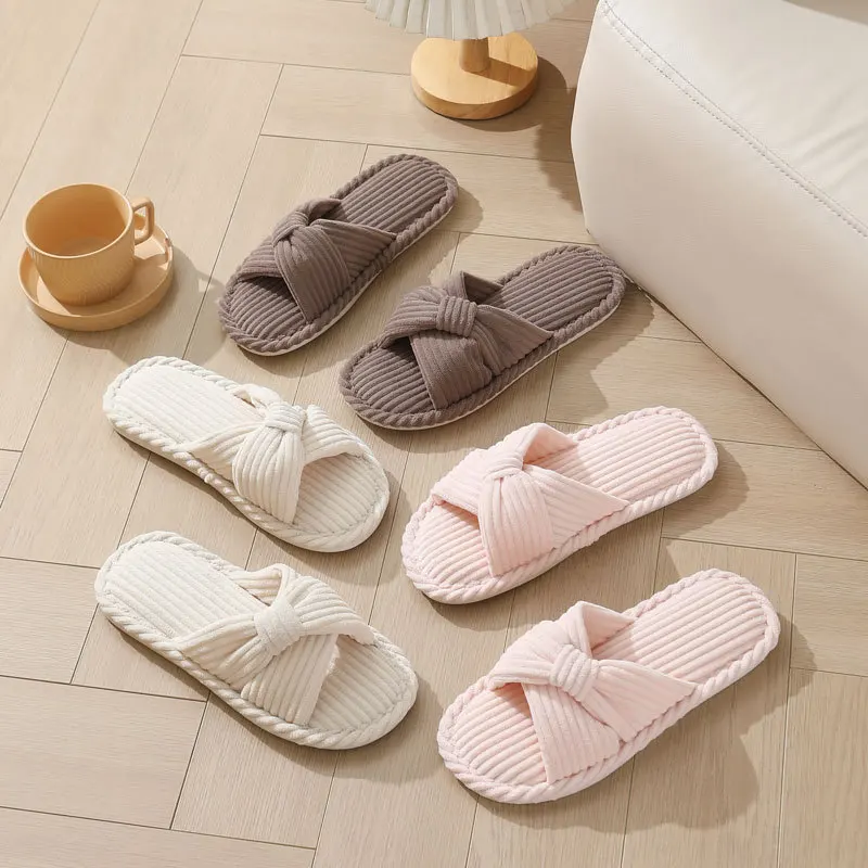 Corduroy Cross Strap Home Slippers for Women Open Toe Non Slip Cotton Indoor Shoes Woman Lightweight Comfort Bedroom Slippers